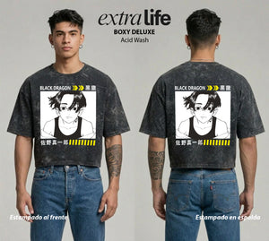 Playera streetwear premium de anime y gaming ExtraLife MX, corte boxy deluxe mineral wash heavyweight en color Acid Wash, moda urbana mexicana de culto.