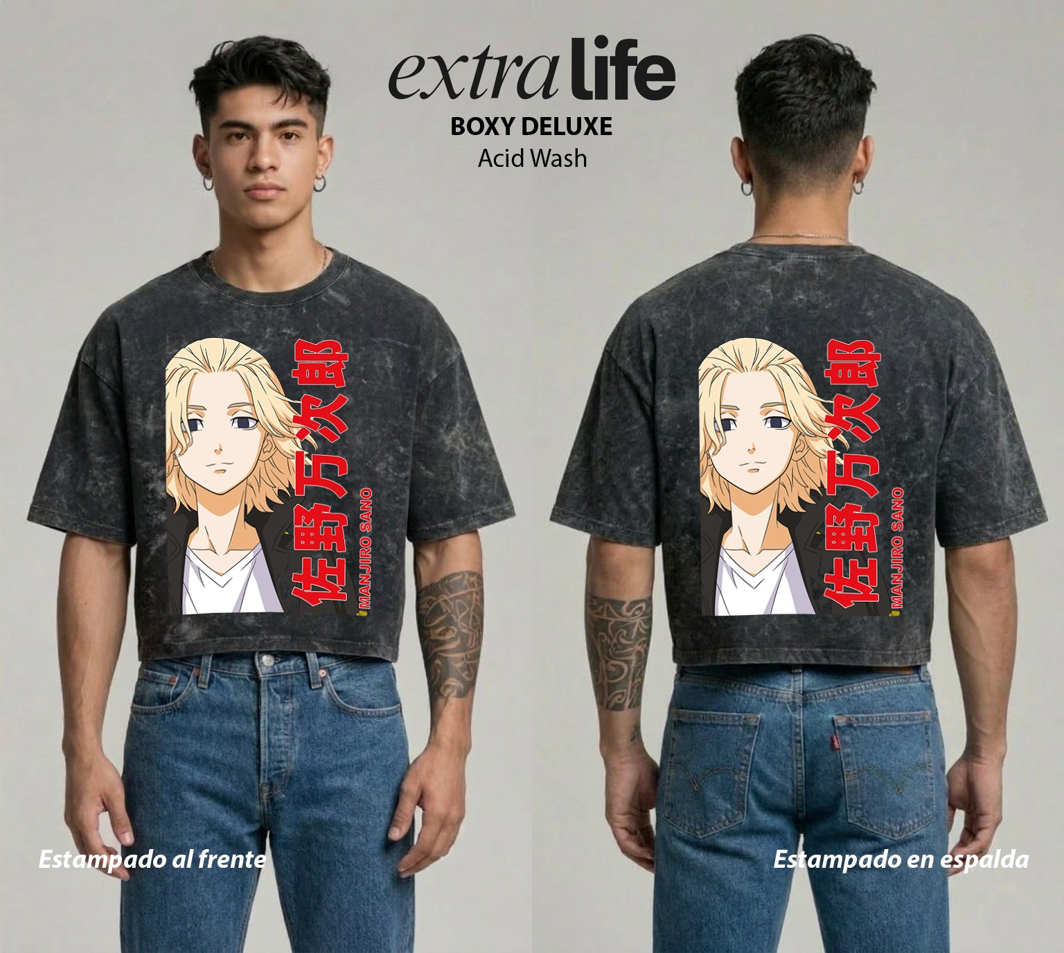 Playera streetwear premium de anime y gaming ExtraLife MX, corte boxy deluxe mineral wash heavyweight en color Acid Wash, moda urbana mexicana de culto.