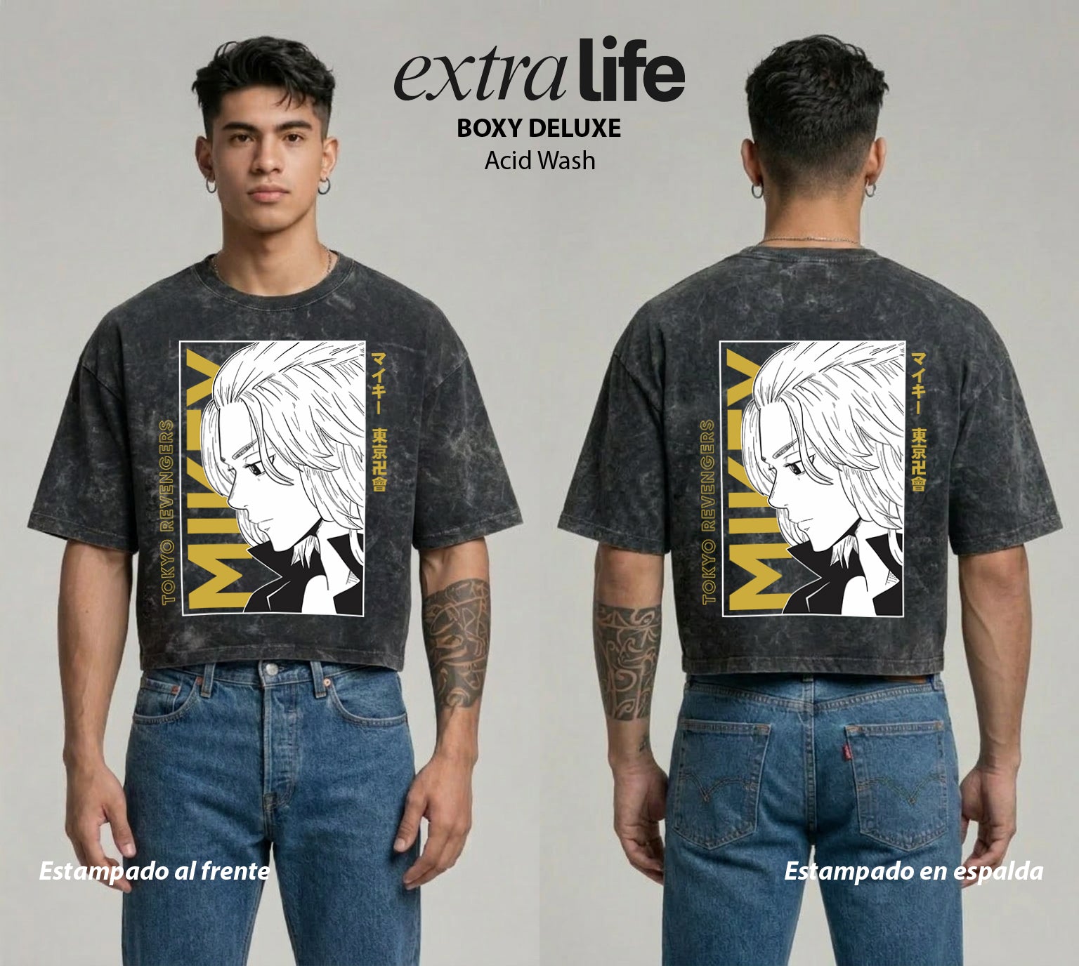 Playera streetwear premium de anime y gaming ExtraLife MX, corte boxy deluxe mineral wash heavyweight en color Acid Wash, moda urbana mexicana de culto.