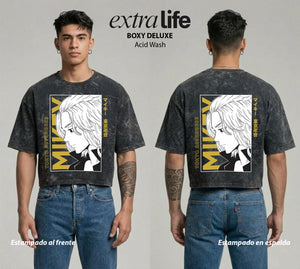 Playera streetwear premium de anime y gaming ExtraLife MX, corte boxy deluxe mineral wash heavyweight en color Acid Wash, moda urbana mexicana de culto.