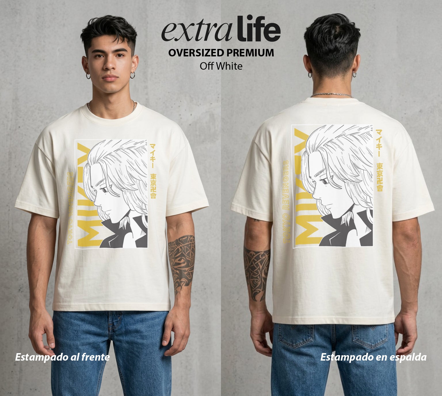Pandillas del Tiempo | El Lider del Toman #04394 - Playera Oversized Premium | Off White - Foto en modelo