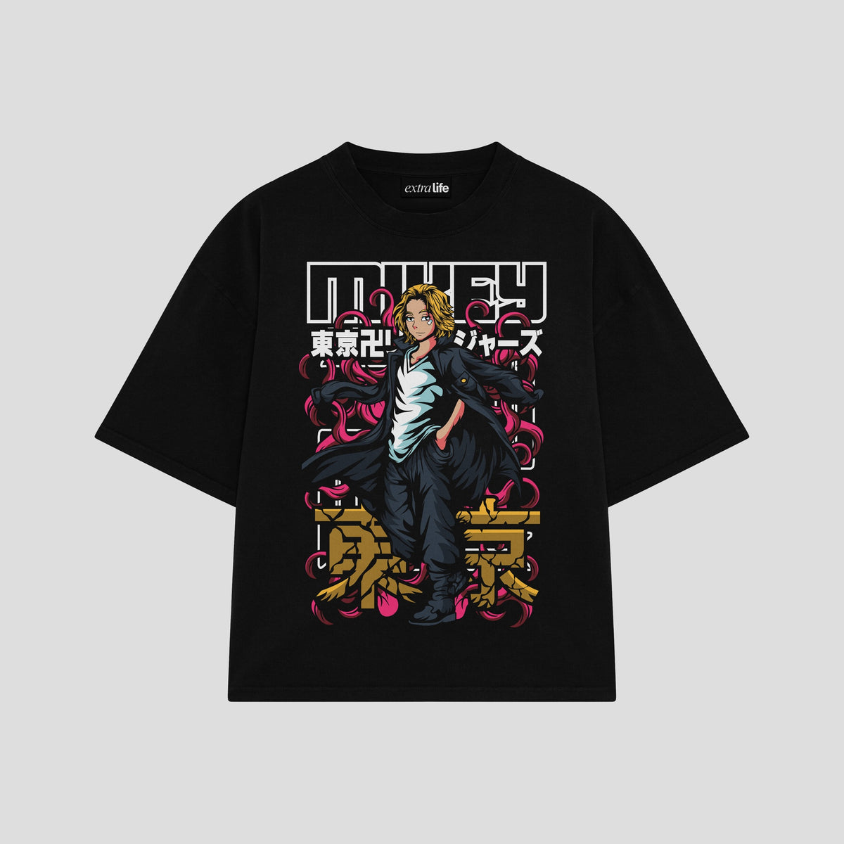 Playera streetwear premium de anime y gaming ExtraLife MX, corte oversized drop shoulder ligero y fresco en color Deep Black y Off-White, moda urbana mexicana de culto.