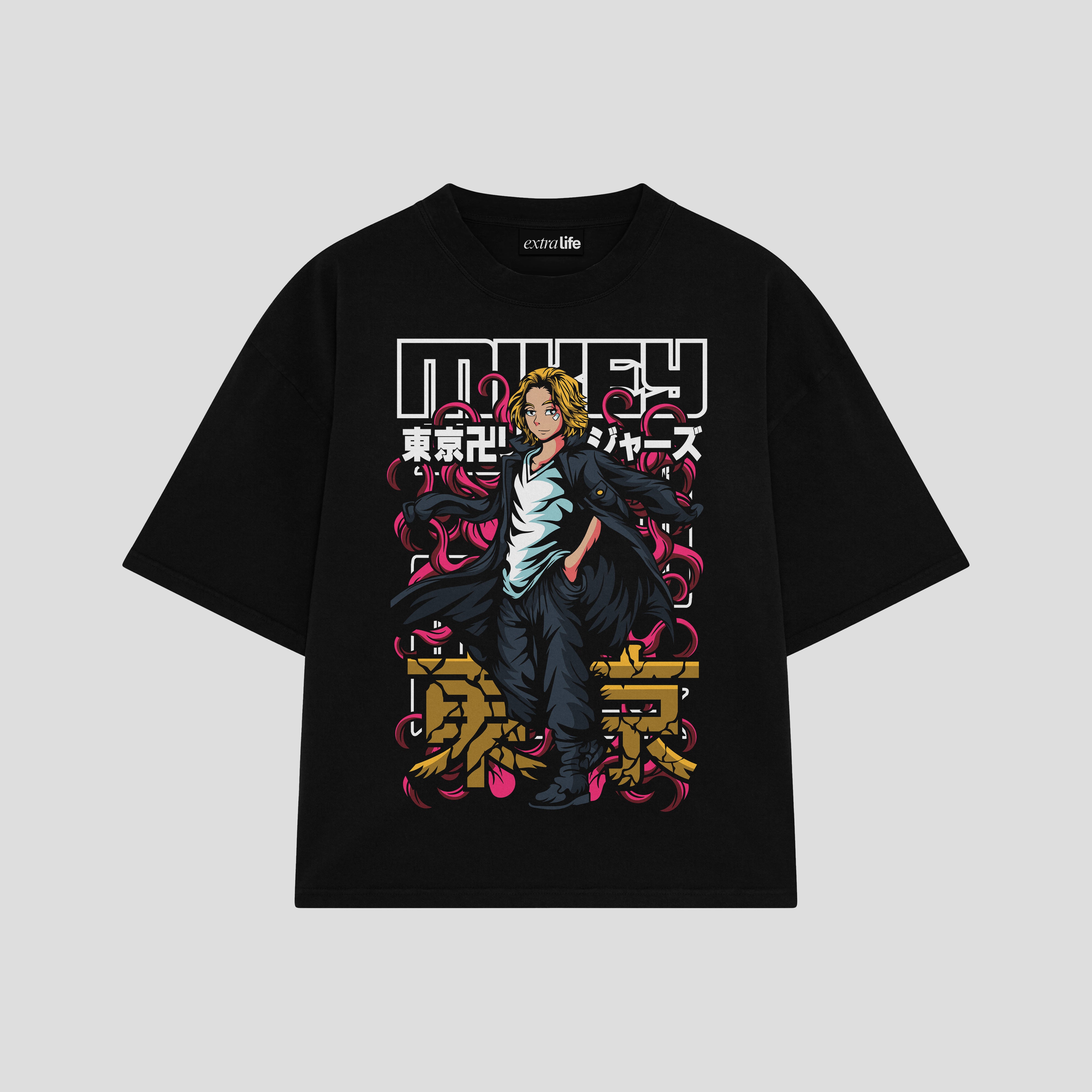 Playera streetwear premium de anime y gaming ExtraLife MX, corte boxy oversized drop shoulder heavyweight en color Deep Black y Off-White, moda urbana mexicana de culto.