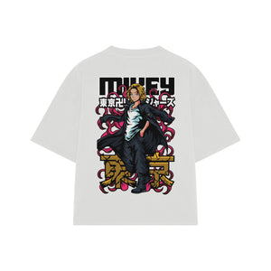 Playera streetwear premium de anime y gaming ExtraLife MX, corte boxy oversized drop shoulder heavyweight en color Deep Black y Off-White, moda urbana mexicana de culto.