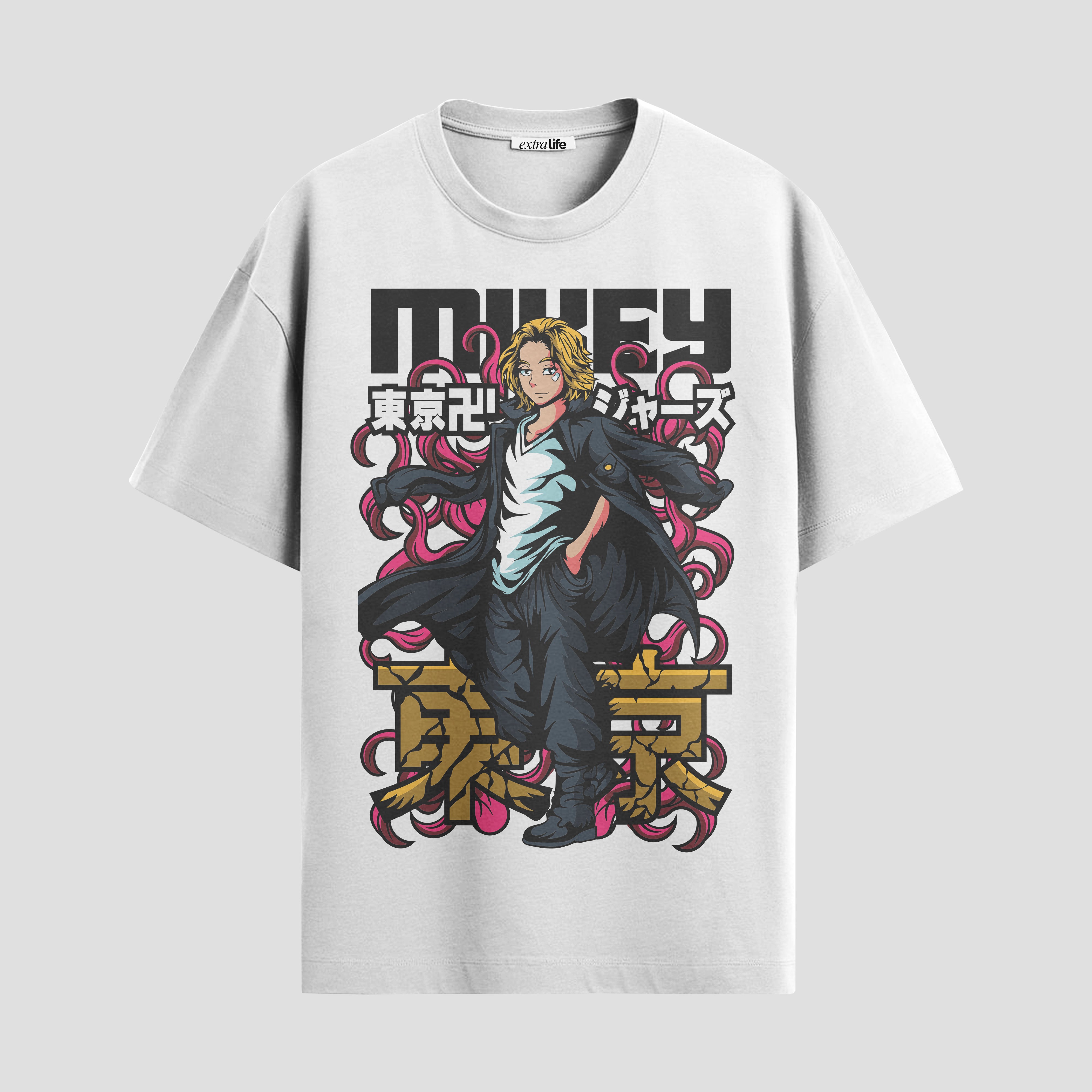 Playera urbana de anime y gaming ExtraLife MX, corte Standard Fit unisex ligero y transpirable en color Deep Black y Pure White, ropa de uso diario para gym y casual.