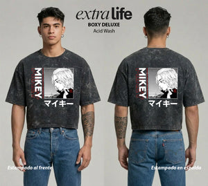 Playera streetwear premium de anime y gaming ExtraLife MX, corte boxy deluxe mineral wash heavyweight en color Acid Wash, moda urbana mexicana de culto.