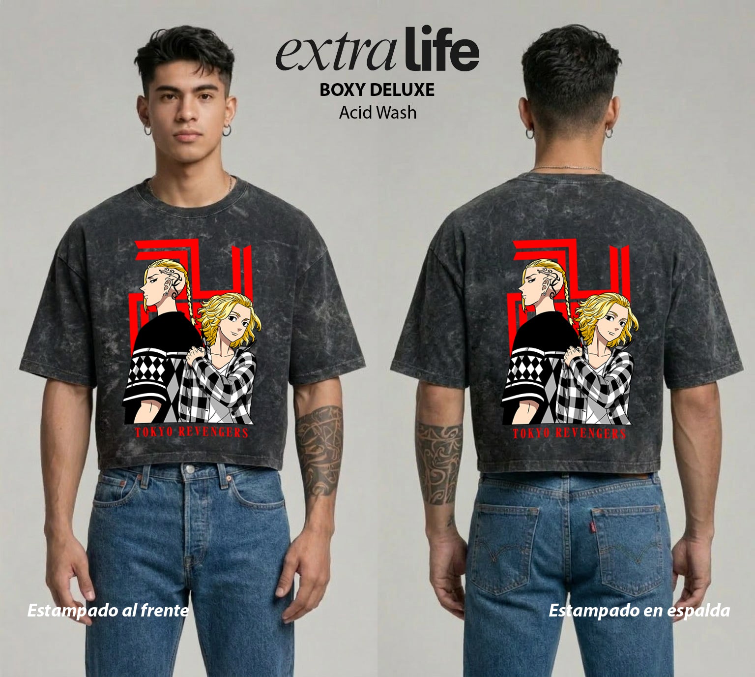 Playera streetwear premium de anime y gaming ExtraLife MX, corte boxy deluxe mineral wash heavyweight en color Acid Wash, moda urbana mexicana de culto.