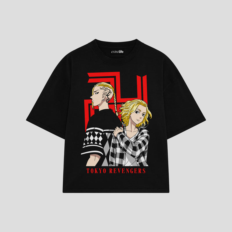 Playera streetwear premium de anime y gaming ExtraLife MX, corte boxy oversized drop shoulder heavyweight en color Deep Black y Off-White, moda urbana mexicana de culto.