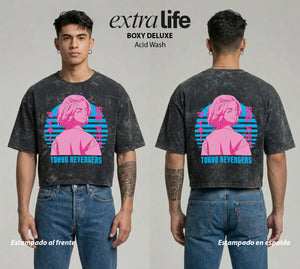 Playera streetwear premium de anime y gaming ExtraLife MX, corte boxy deluxe mineral wash heavyweight en color Acid Wash, moda urbana mexicana de culto.