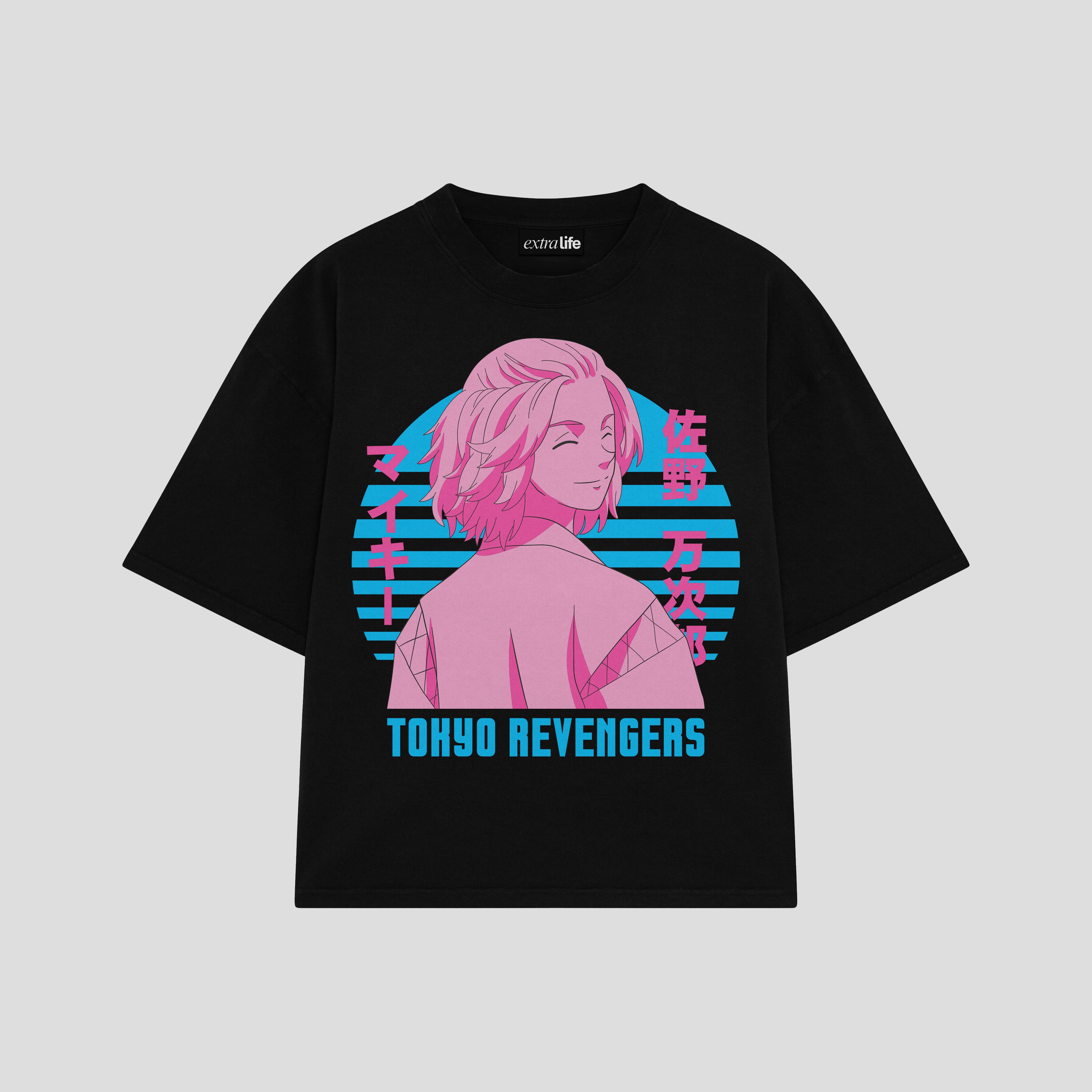 Playera streetwear premium de anime y gaming ExtraLife MX, corte boxy oversized drop shoulder heavyweight en color Deep Black y Off-White, moda urbana mexicana de culto.