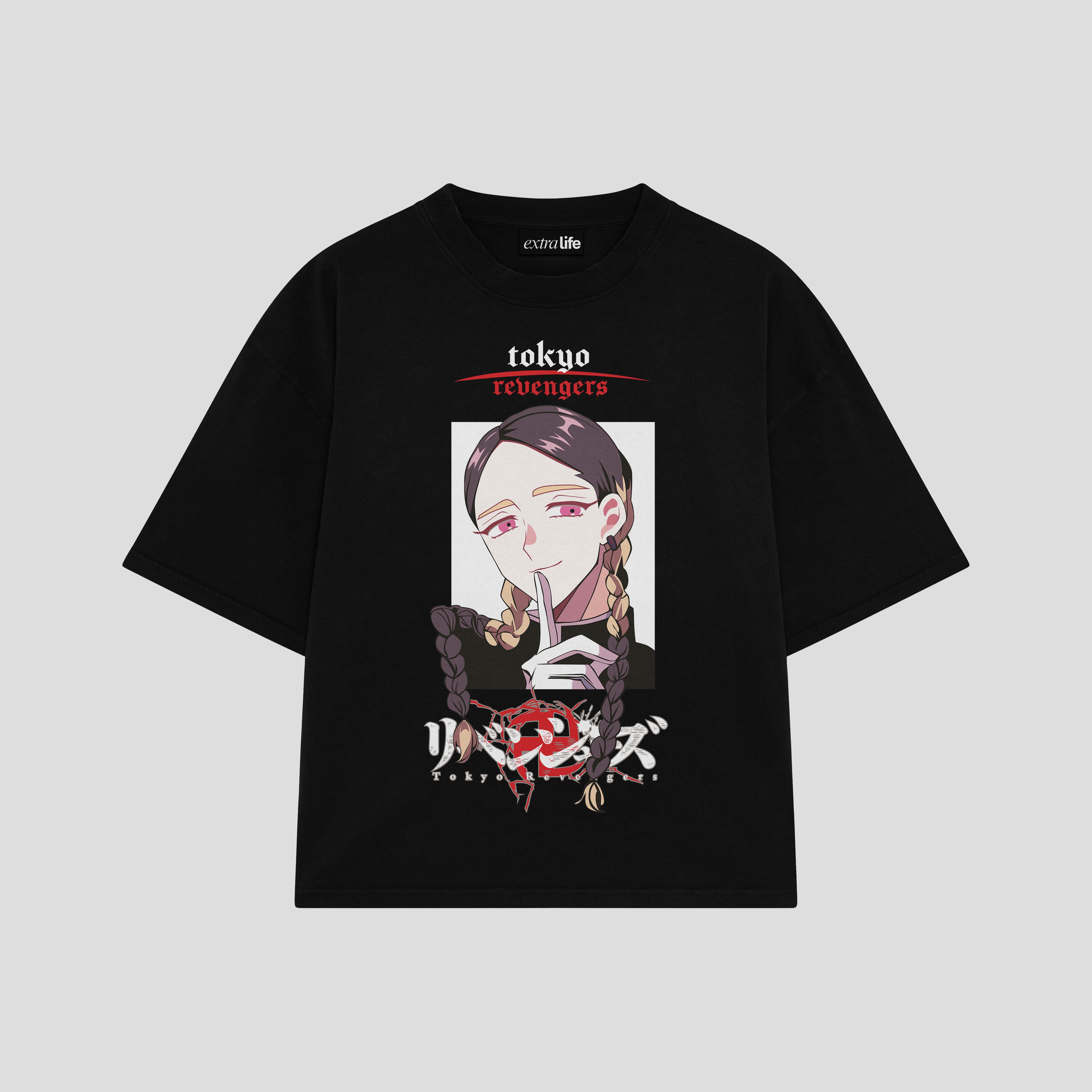 Playera streetwear premium de anime y gaming ExtraLife MX, corte boxy oversized drop shoulder heavyweight en color Deep Black y Off-White, moda urbana mexicana de culto.