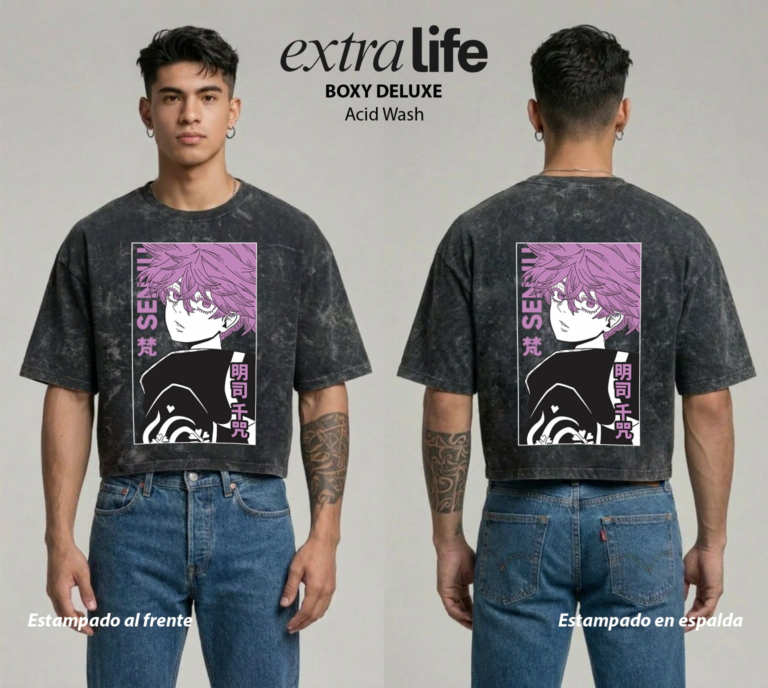 Playera streetwear premium de anime y gaming ExtraLife MX, corte boxy deluxe mineral wash heavyweight en color Acid Wash, moda urbana mexicana de culto.