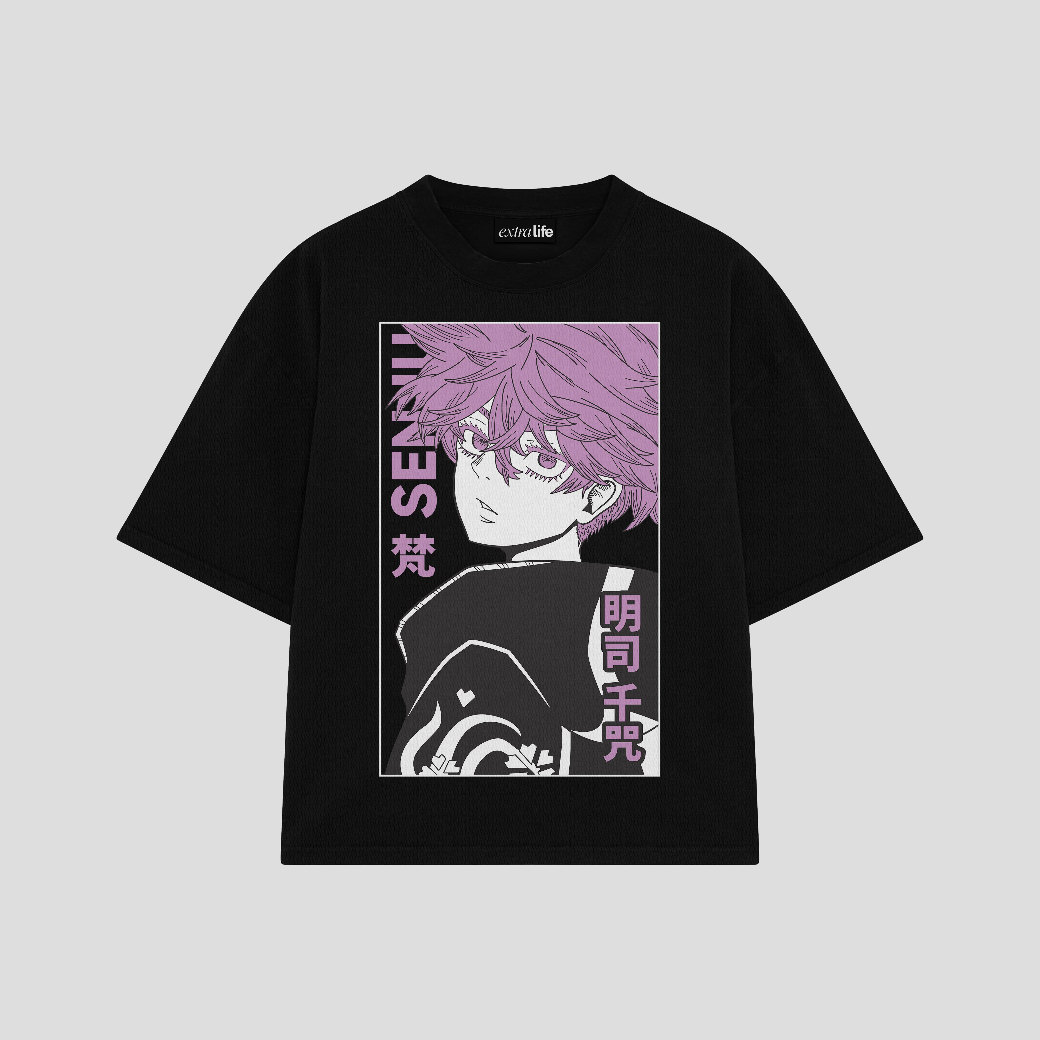 Playera streetwear premium de anime y gaming ExtraLife MX, corte boxy oversized drop shoulder heavyweight en color Deep Black y Off-White, moda urbana mexicana de culto.