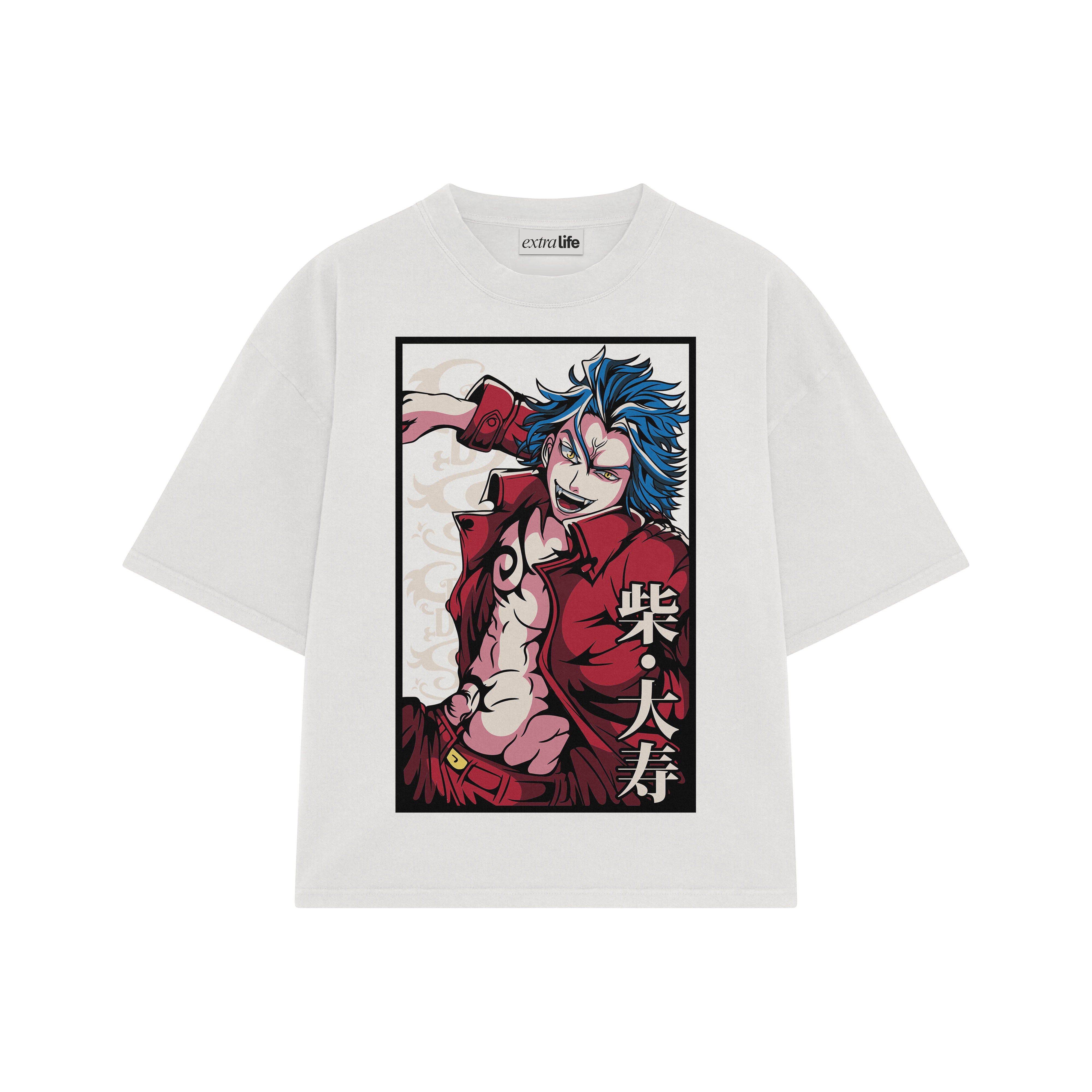 Playera streetwear premium de anime y gaming ExtraLife MX, corte boxy oversized drop shoulder heavyweight en color Deep Black y Off-White, moda urbana mexicana de culto.