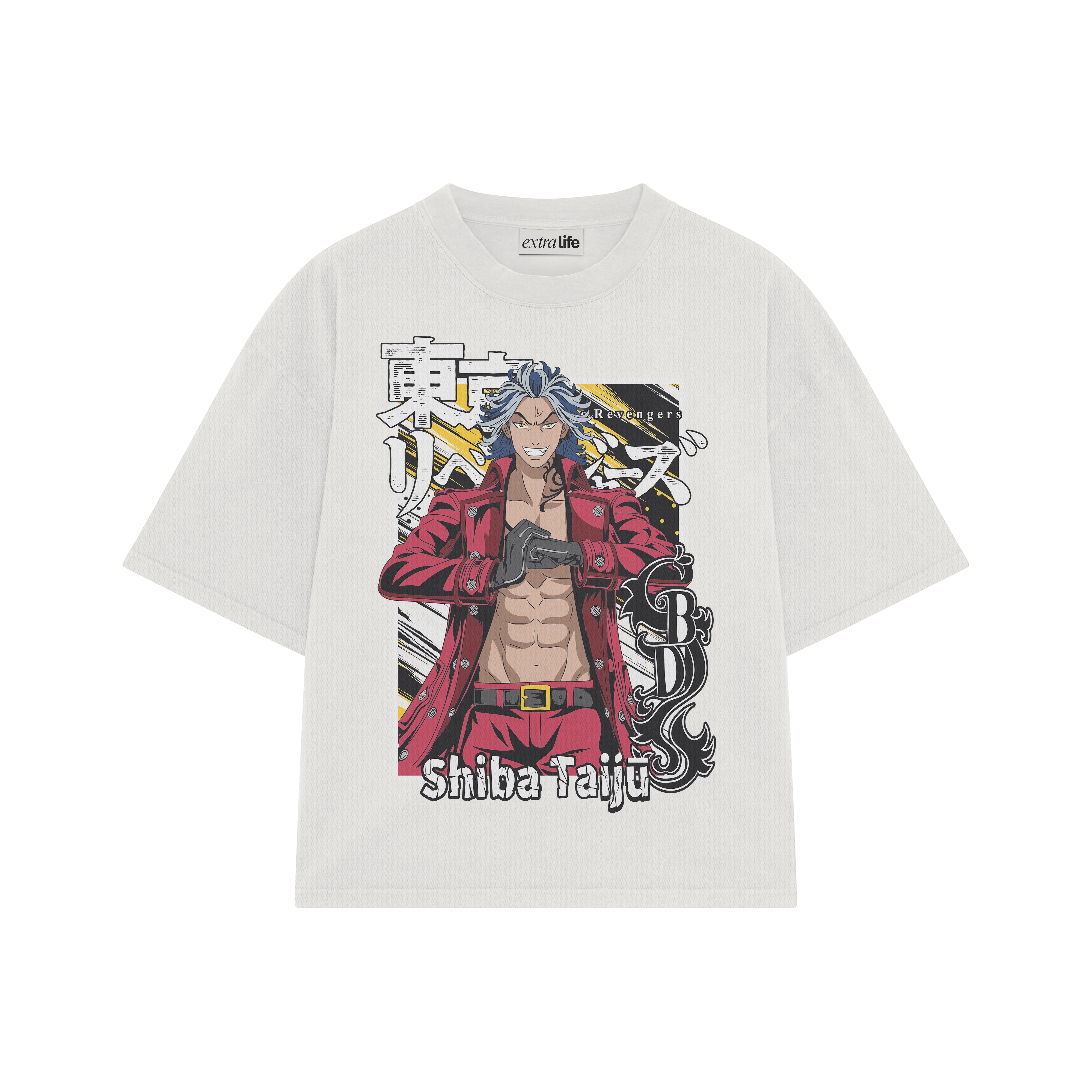 Playera streetwear premium de anime y gaming ExtraLife MX, corte boxy oversized drop shoulder heavyweight en color Deep Black y Off-White, moda urbana mexicana de culto.