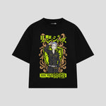 Playera streetwear premium de anime y gaming ExtraLife MX, corte boxy oversized drop shoulder heavyweight en color Deep Black y Off-White, moda urbana mexicana de culto.