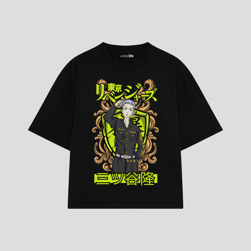 Playera streetwear premium de anime y gaming ExtraLife MX, corte boxy oversized drop shoulder heavyweight en color Deep Black y Off-White, moda urbana mexicana de culto.