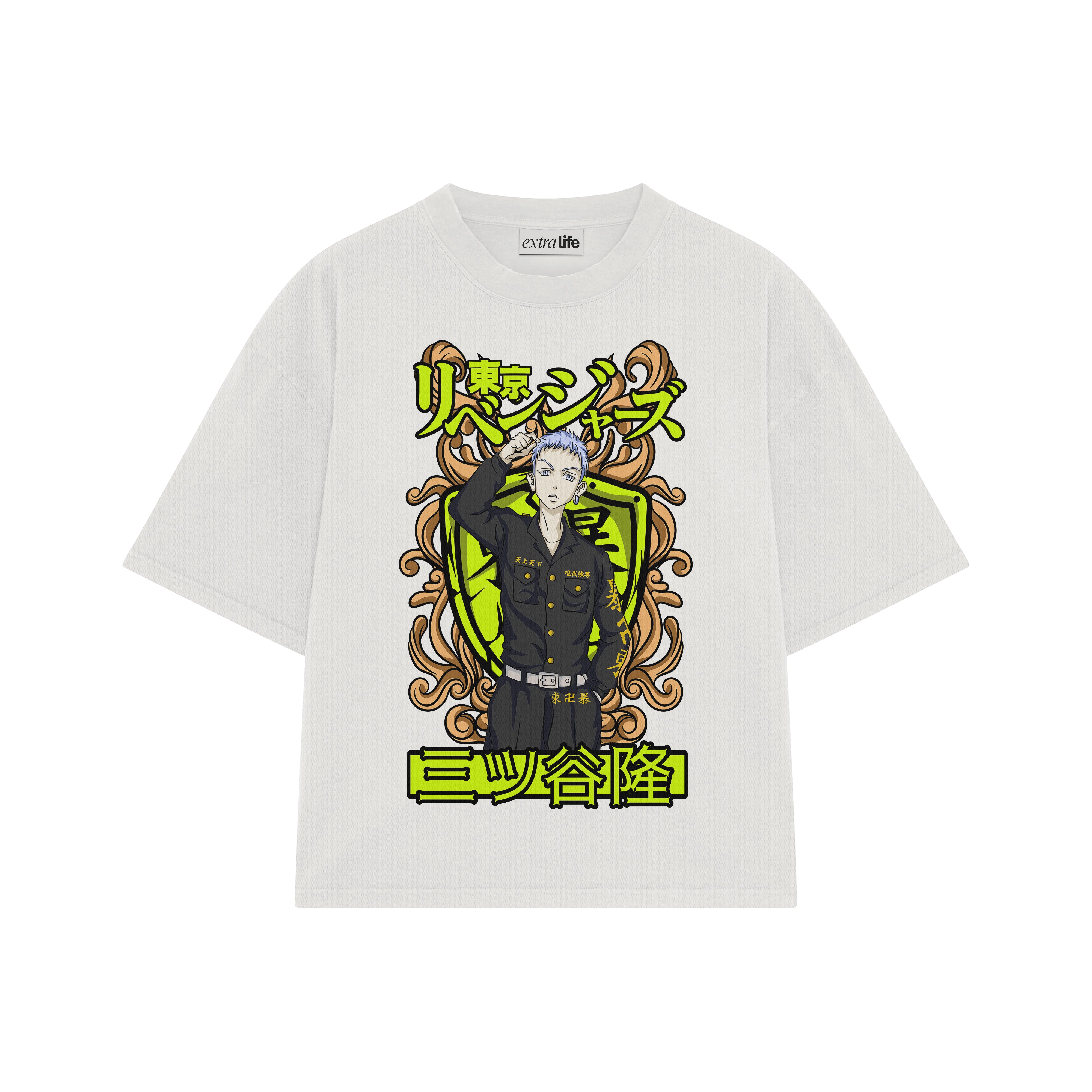 Playera streetwear premium de anime y gaming ExtraLife MX, corte boxy oversized drop shoulder heavyweight en color Deep Black y Off-White, moda urbana mexicana de culto.