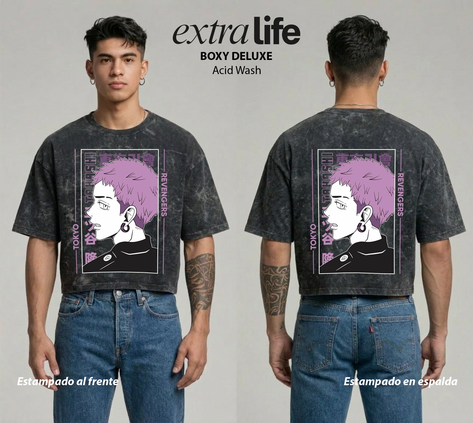 Playera streetwear premium de anime y gaming ExtraLife MX, corte boxy deluxe mineral wash heavyweight en color Acid Wash, moda urbana mexicana de culto.
