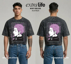 Playera streetwear premium de anime y gaming ExtraLife MX, corte boxy deluxe mineral wash heavyweight en color Acid Wash, moda urbana mexicana de culto.