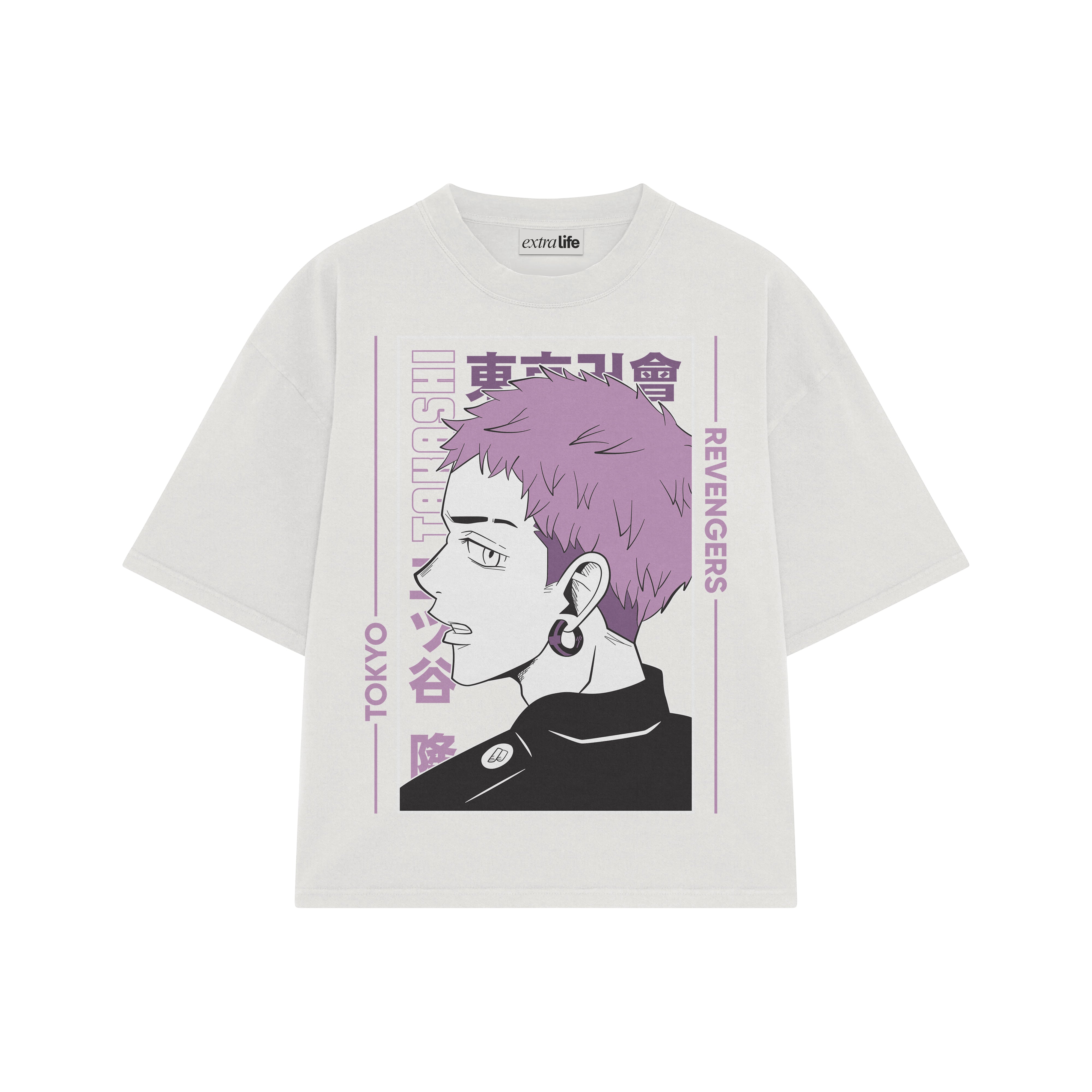 Playera streetwear premium de anime y gaming ExtraLife MX, corte boxy oversized drop shoulder heavyweight en color Deep Black y Off-White, moda urbana mexicana de culto.