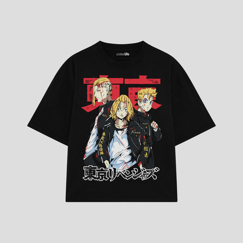 Playera streetwear premium de anime y gaming ExtraLife MX, corte boxy oversized drop shoulder heavyweight en color Deep Black y Off-White, moda urbana mexicana de culto.