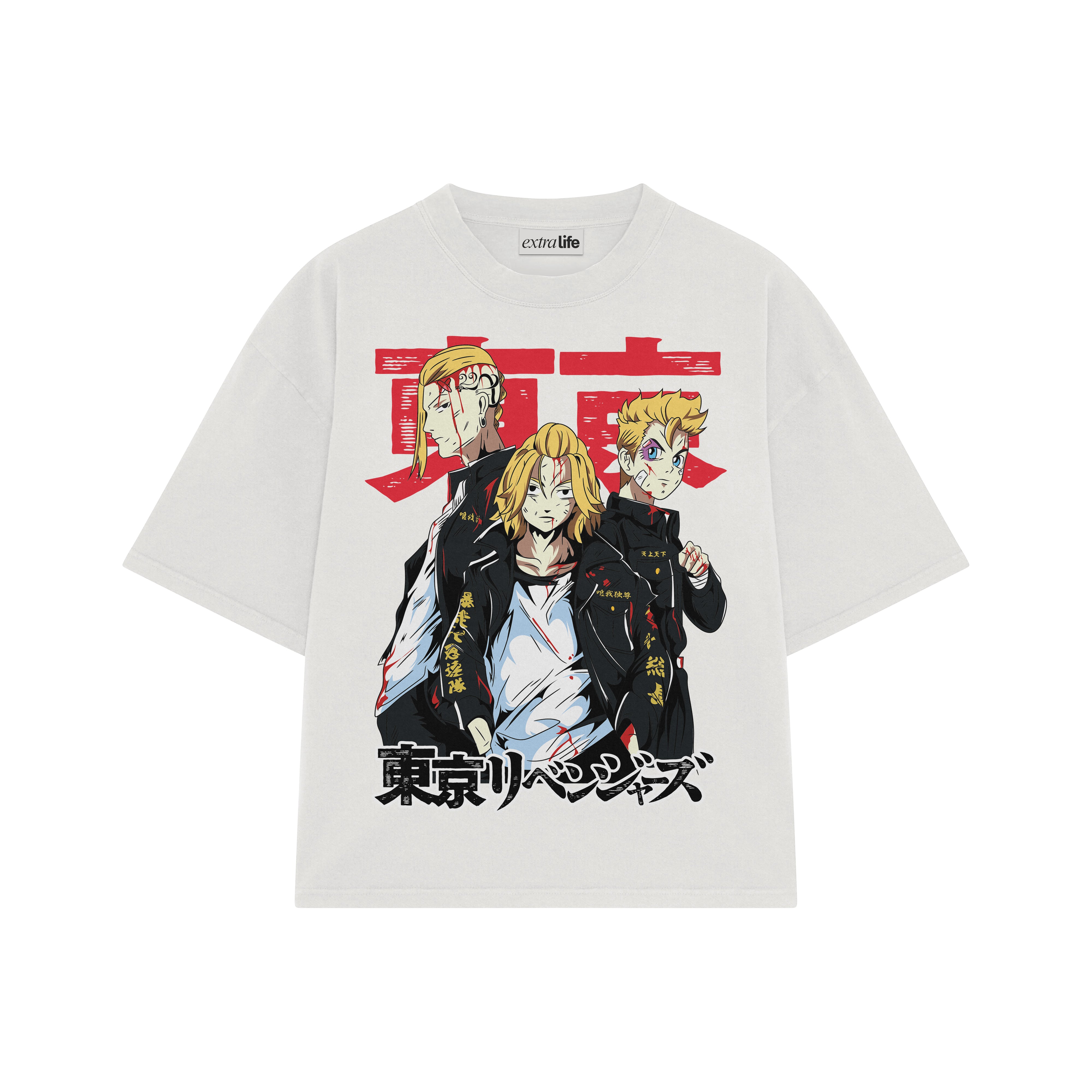 Playera streetwear premium de anime y gaming ExtraLife MX, corte boxy oversized drop shoulder heavyweight en color Deep Black y Off-White, moda urbana mexicana de culto.