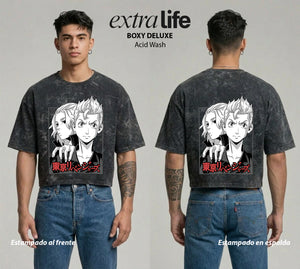 Playera streetwear premium de anime y gaming ExtraLife MX, corte boxy deluxe mineral wash heavyweight en color Acid Wash, moda urbana mexicana de culto.