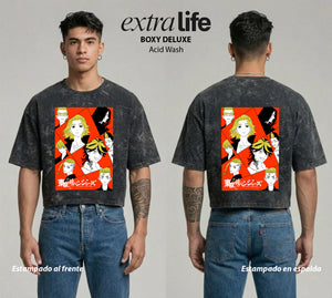 Playera streetwear premium de anime y gaming ExtraLife MX, corte boxy deluxe mineral wash heavyweight en color Acid Wash, moda urbana mexicana de culto.