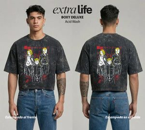 Playera streetwear premium de anime y gaming ExtraLife MX, corte boxy deluxe mineral wash heavyweight en color Acid Wash, moda urbana mexicana de culto.
