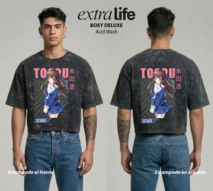 Playera streetwear premium de anime y gaming ExtraLife MX, corte boxy deluxe mineral wash heavyweight en color Acid Wash, moda urbana mexicana de culto.