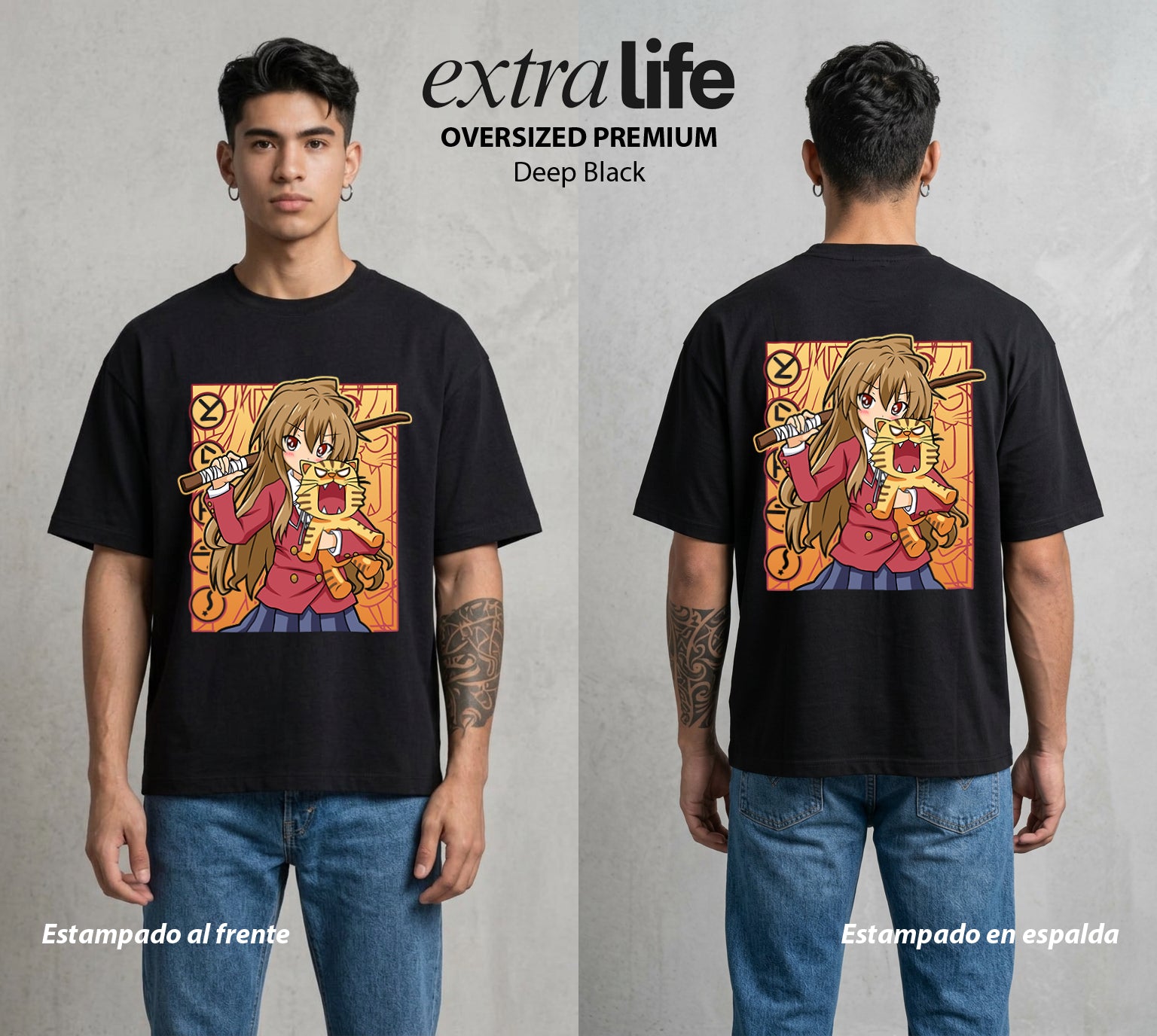 El Tigre de Madera | El Tigre del Bien #04417 - Playera Oversized Premium | Deep Black - Foto en modelo