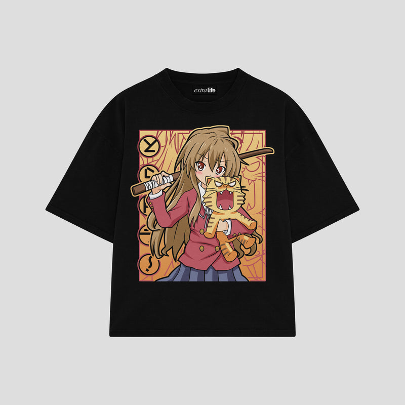 Playera streetwear premium de anime y gaming ExtraLife MX, corte boxy oversized drop shoulder heavyweight en color Deep Black y Off-White, moda urbana mexicana de culto.