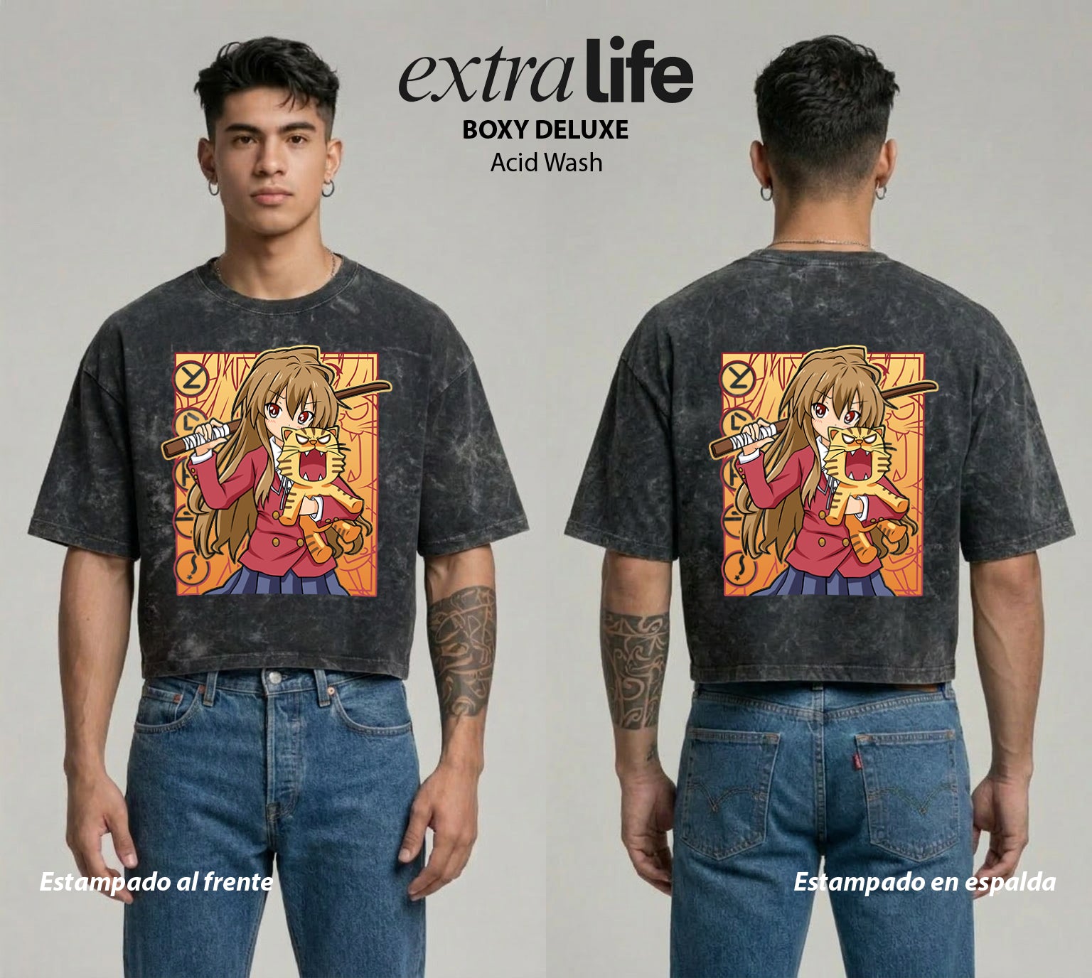 Playera streetwear premium de anime y gaming ExtraLife MX, corte boxy deluxe mineral wash heavyweight en color Acid Wash, moda urbana mexicana de culto.