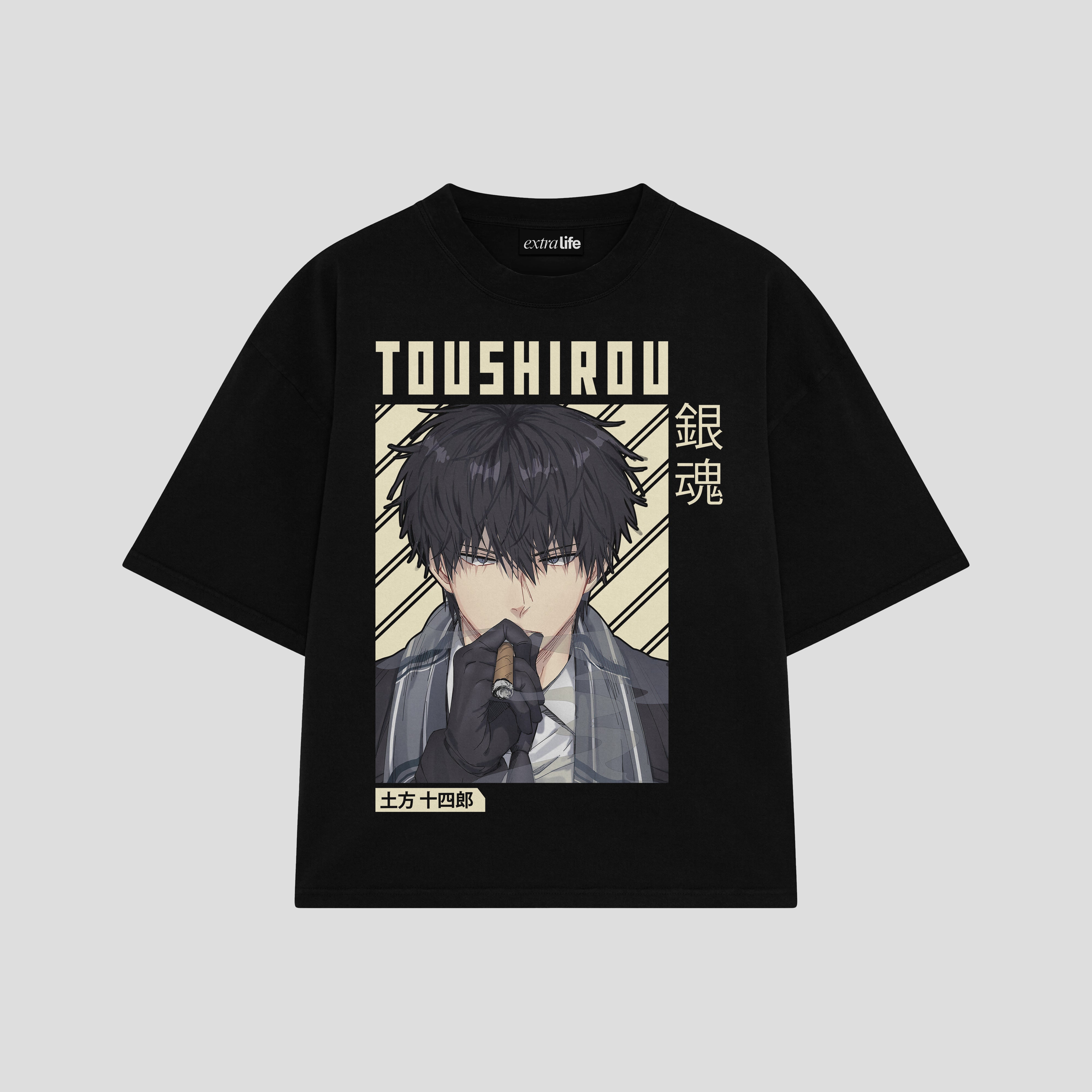 Playera streetwear premium de anime y gaming ExtraLife MX, corte boxy oversized drop shoulder heavyweight en color Deep Black y Off-White, moda urbana mexicana de culto.