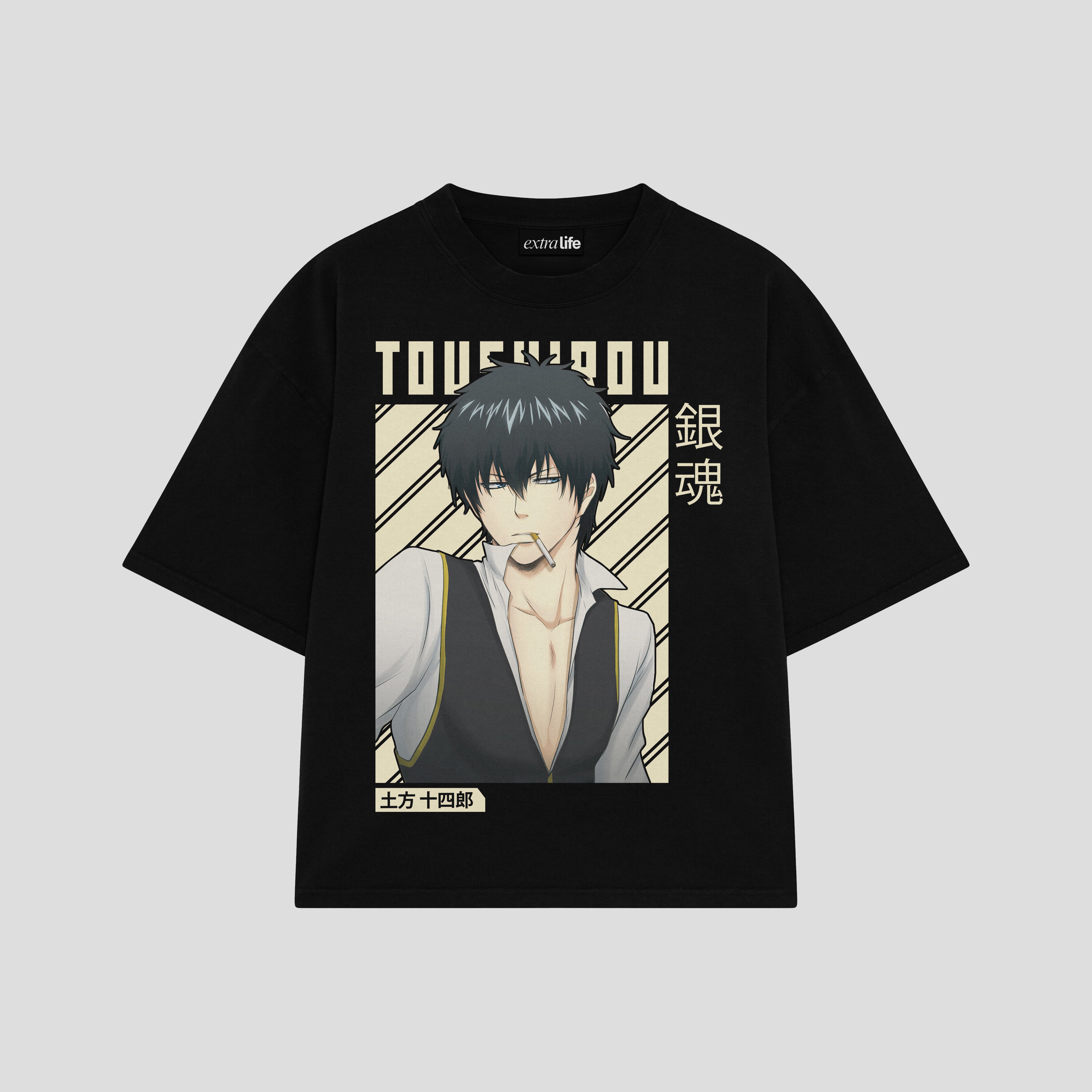 Playera streetwear premium de anime y gaming ExtraLife MX, corte boxy oversized drop shoulder heavyweight en color Deep Black y Off-White, moda urbana mexicana de culto.