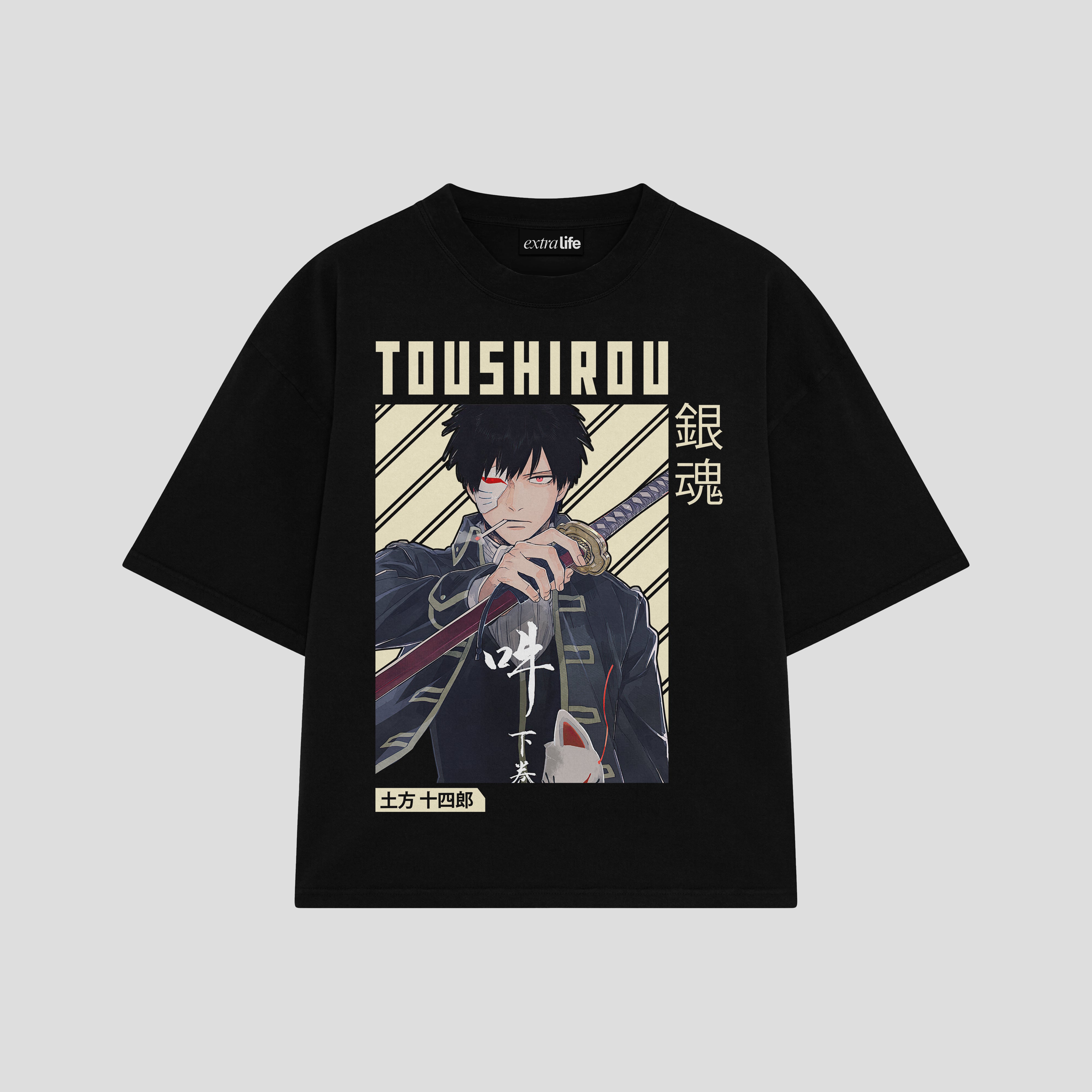 Playera streetwear premium de anime y gaming ExtraLife MX, corte boxy oversized drop shoulder heavyweight en color Deep Black y Off-White, moda urbana mexicana de culto.