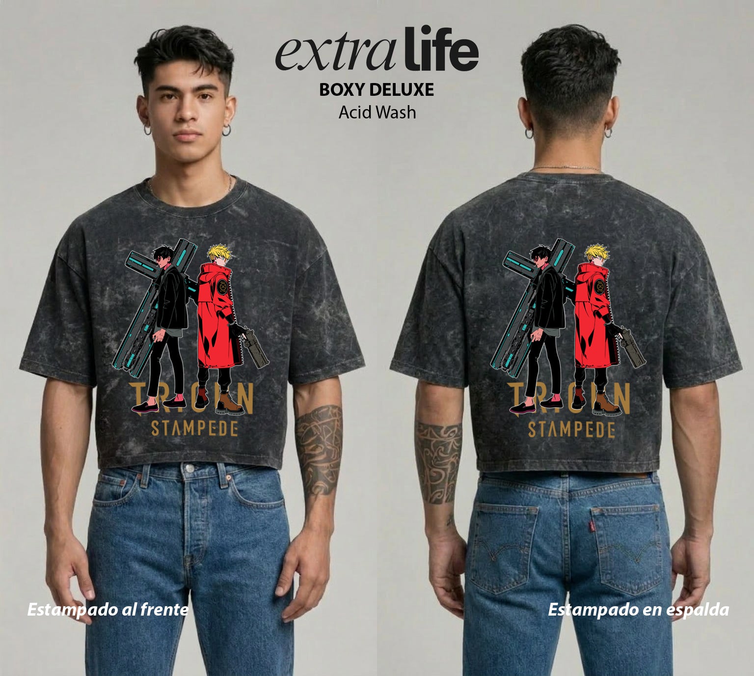 Playera streetwear premium de anime y gaming ExtraLife MX, corte boxy deluxe mineral wash heavyweight en color Acid Wash, moda urbana mexicana de culto.