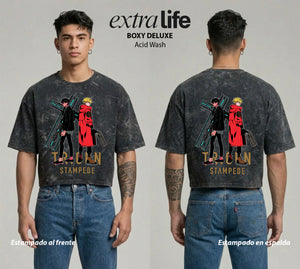 Playera streetwear premium de anime y gaming ExtraLife MX, corte boxy deluxe mineral wash heavyweight en color Acid Wash, moda urbana mexicana de culto.