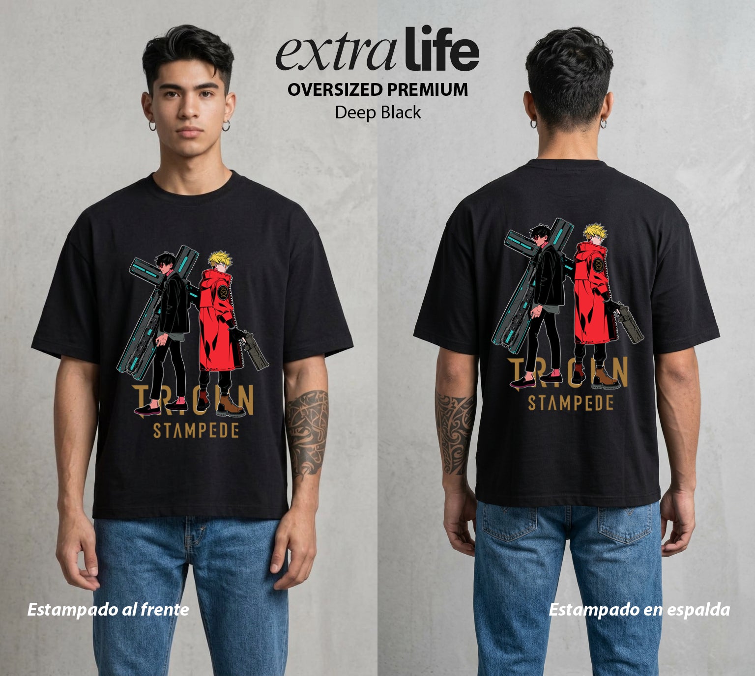El Desierto Trigun | El Tifon del Desierto #04428 - Playera Oversized Premium | Deep Black - Foto en modelo