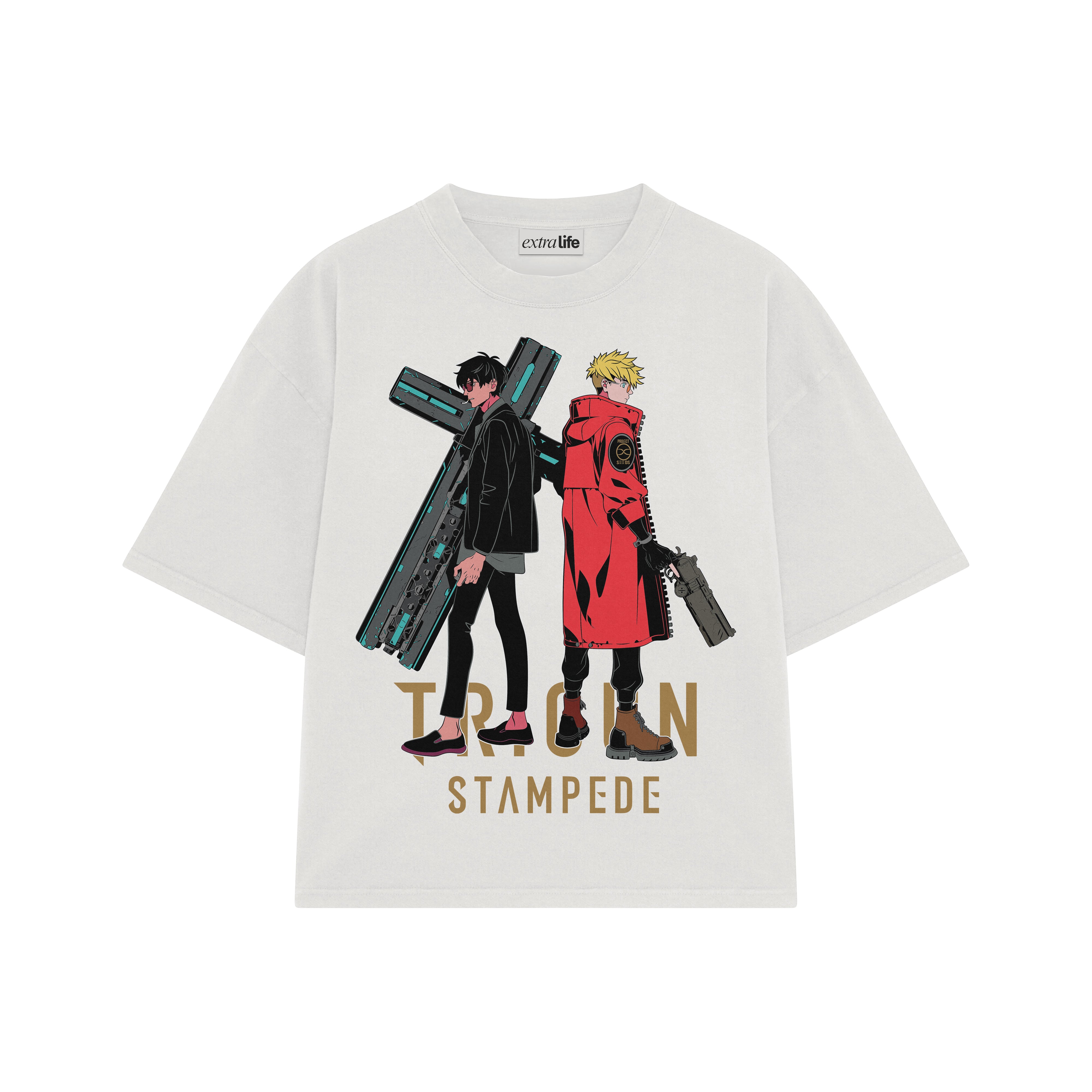 Playera streetwear premium de anime y gaming ExtraLife MX, corte boxy oversized drop shoulder heavyweight en color Deep Black y Off-White, moda urbana mexicana de culto.