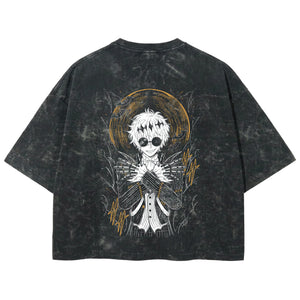 Playera streetwear premium de anime y gaming ExtraLife MX, corte boxy deluxe mineral wash heavyweight en color Acid Wash, moda urbana mexicana de culto.