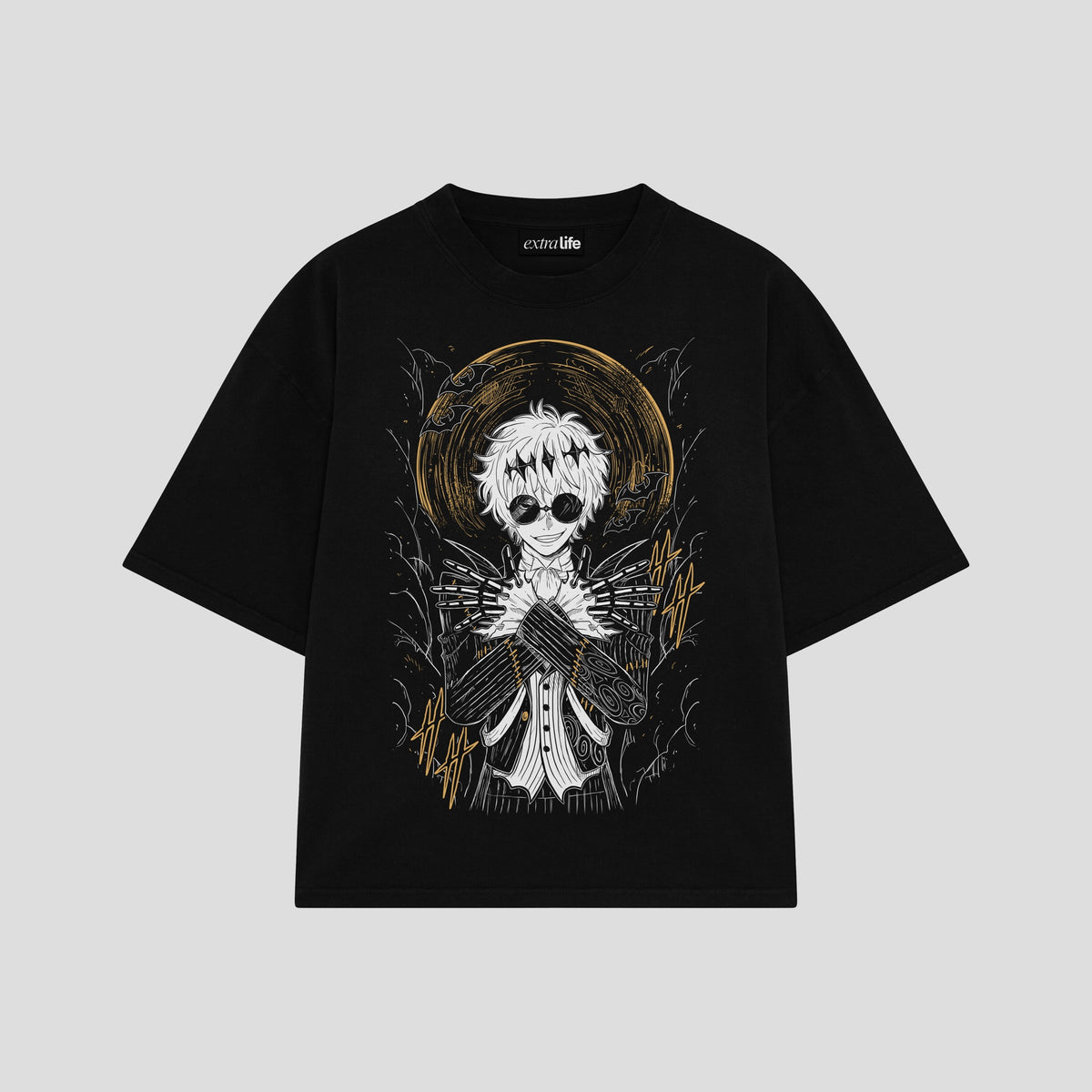 Playera streetwear premium de anime y gaming ExtraLife MX, corte oversized drop shoulder ligero y fresco en color Deep Black y Off-White, moda urbana mexicana de culto.