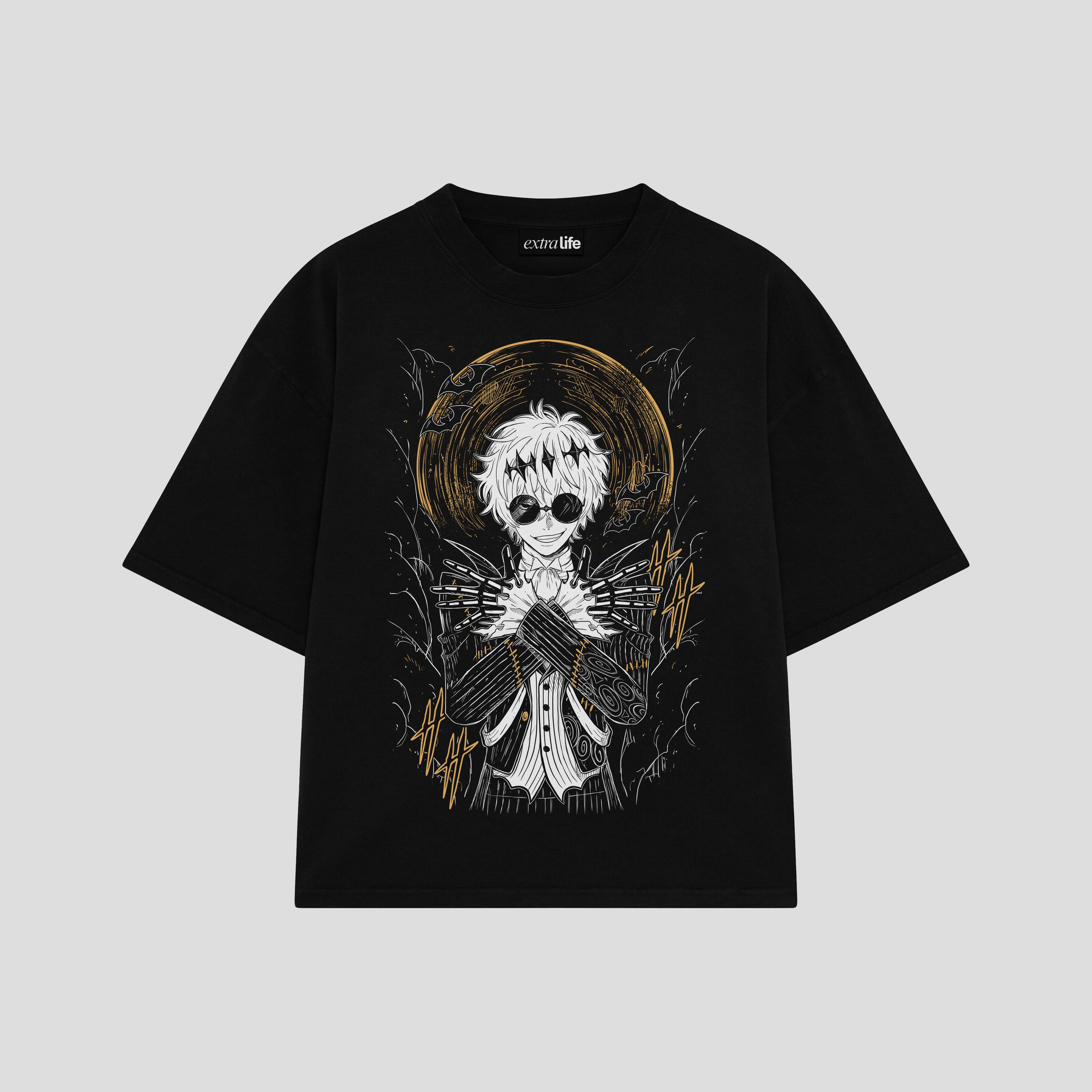 Playera streetwear premium de anime y gaming ExtraLife MX, corte boxy oversized drop shoulder heavyweight en color Deep Black y Off-White, moda urbana mexicana de culto.
