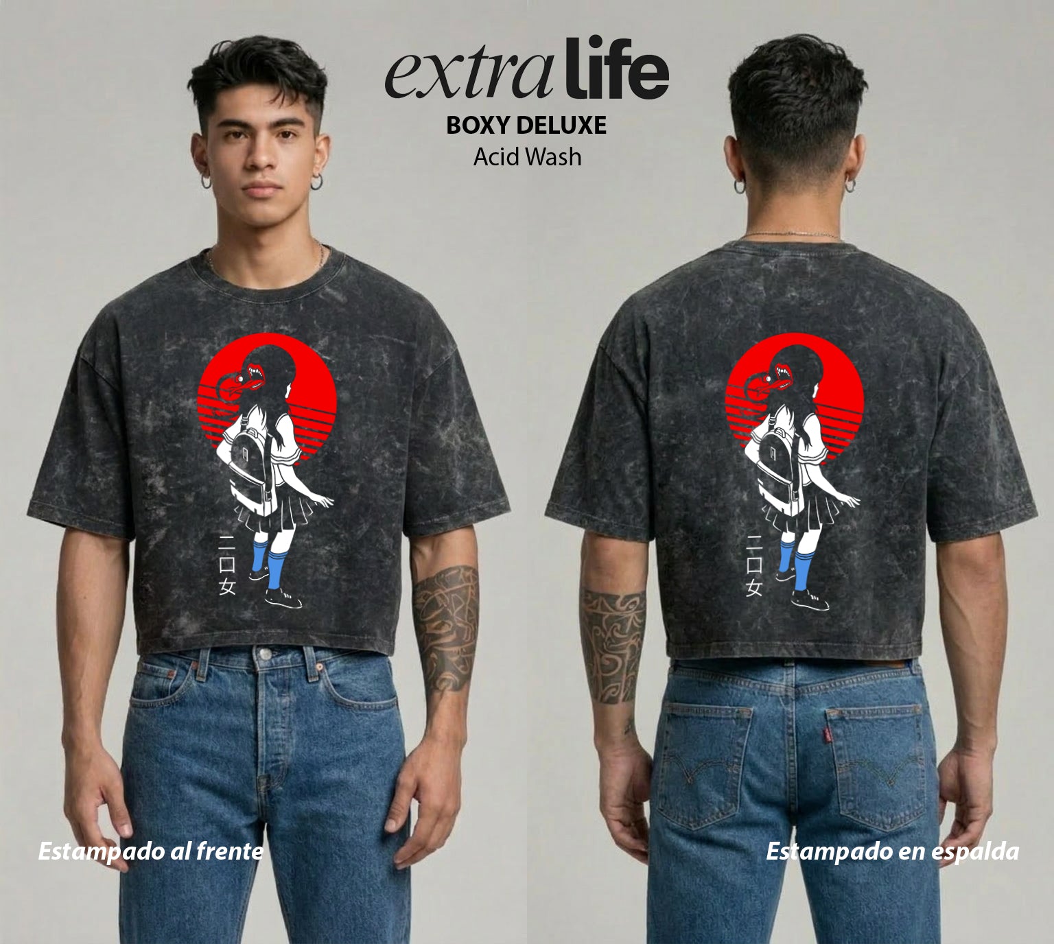 Playera streetwear premium de anime y gaming ExtraLife MX, corte boxy deluxe mineral wash heavyweight en color Acid Wash, moda urbana mexicana de culto.