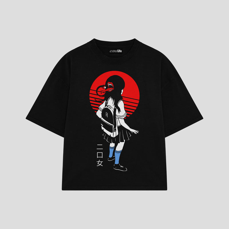 Playera streetwear premium de anime y gaming ExtraLife MX, corte boxy oversized drop shoulder heavyweight en color Deep Black y Off-White, moda urbana mexicana de culto.