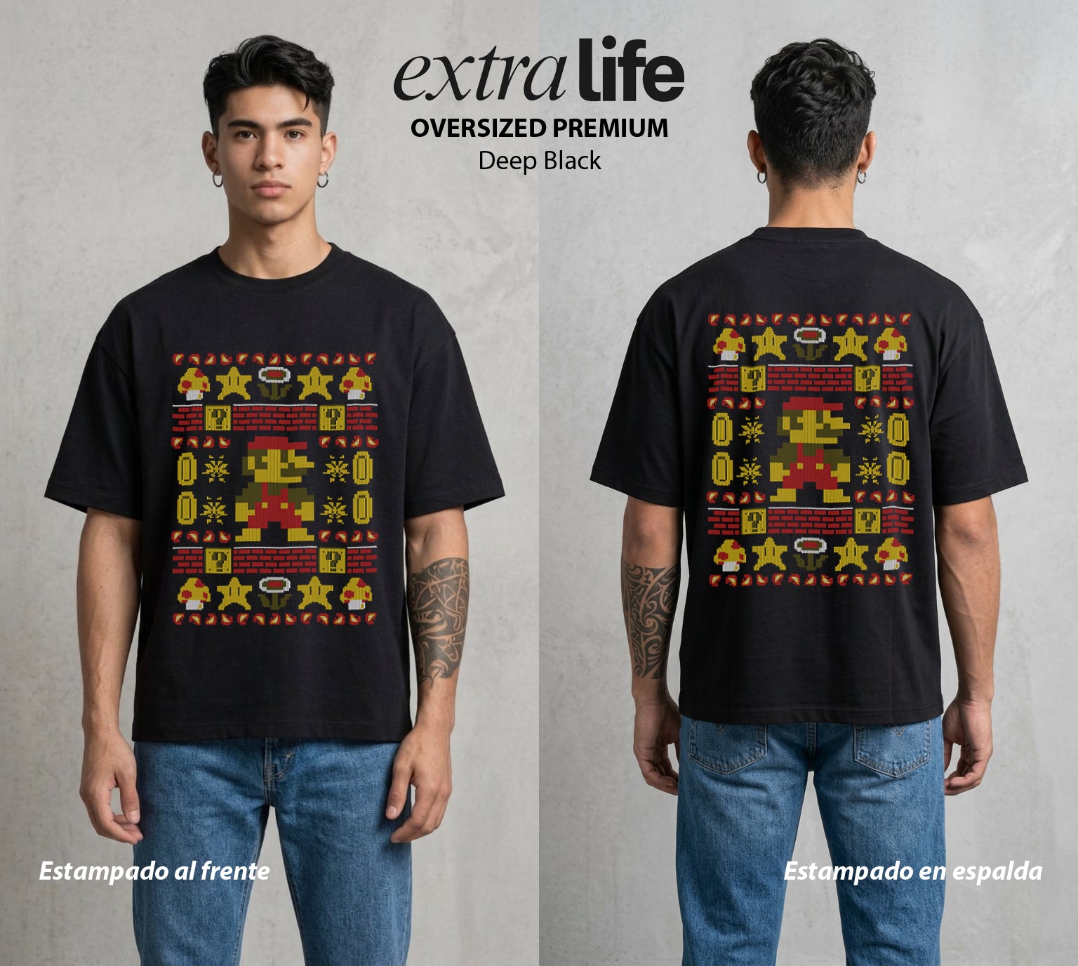 La Navidad Gamer | El Fontanero Estelar Navidad Gamer #04436 - Playera Oversized Premium | Deep Black - Foto en modelo