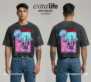 Playera streetwear premium de anime y gaming ExtraLife MX, corte boxy deluxe mineral wash heavyweight en color Acid Wash, moda urbana mexicana de culto.
