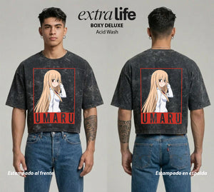 Playera streetwear premium de anime y gaming ExtraLife MX, corte boxy deluxe mineral wash heavyweight en color Acid Wash, moda urbana mexicana de culto.