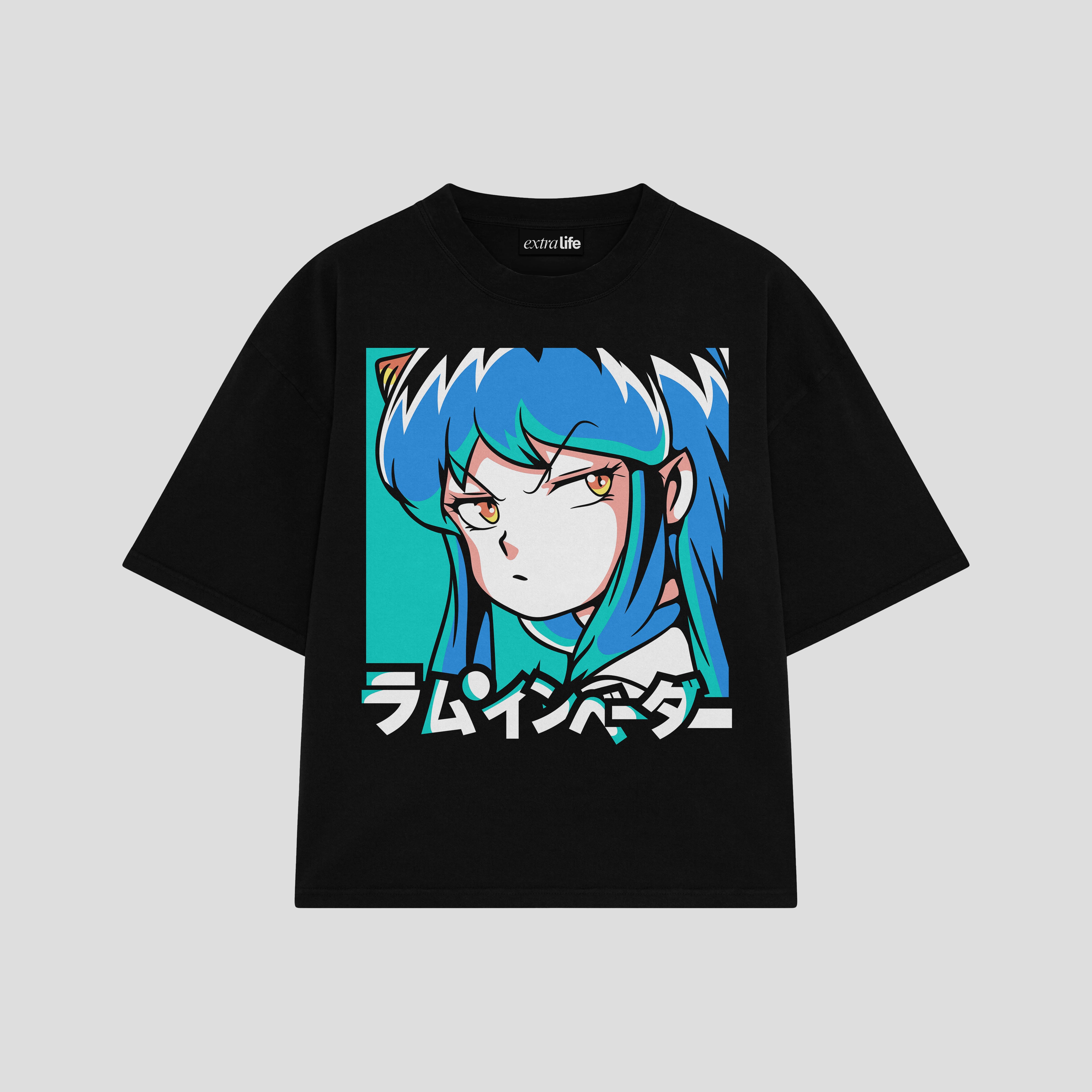 Playera streetwear premium de anime y gaming ExtraLife MX, corte boxy oversized drop shoulder heavyweight en color Deep Black y Off-White, moda urbana mexicana de culto.